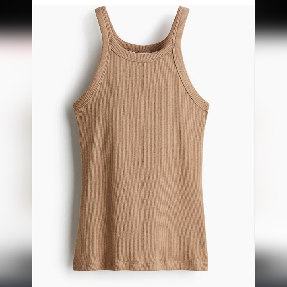 NWT NEW Dark Pink/Beige Fitted Ribbed Tank Top In Cotton Jersey W Round Neckline